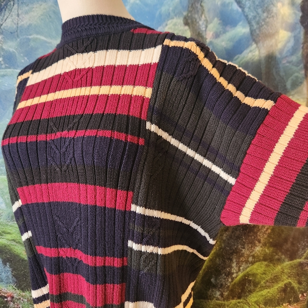 Vintage 90s Striped Sweater Womens Large - Retro 100% Cotton - Woods & Gray